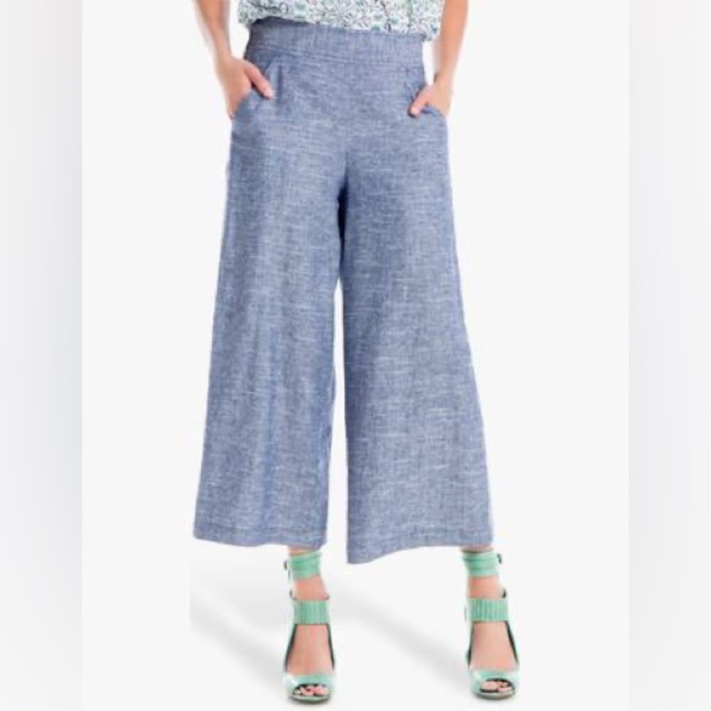 NWT Max Studio Cropped Linen Blend Heather Blue Wide Leg Trousers